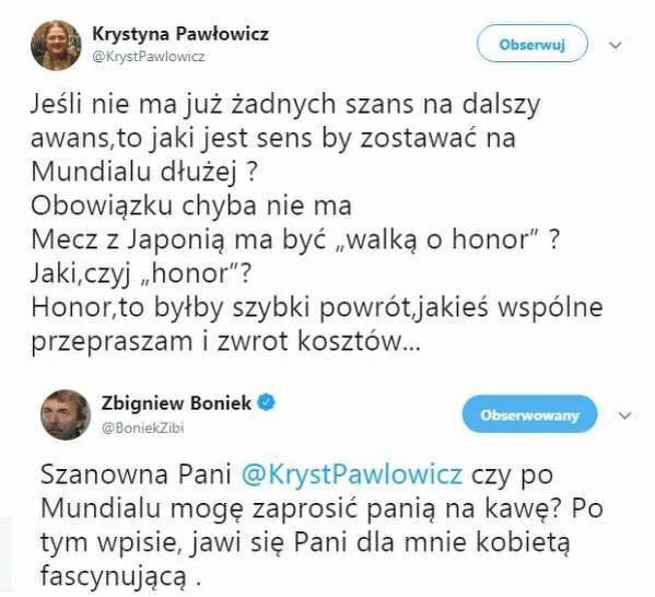 Zrzut ekranu z Twittera: wpis Krystyny Pawłowicz o tym, że piłkarze powinni wrócić z mundialu, przeprosić i zwrócić koszty, oraz odpowiedź Zbigniewa Bońka z zaproszeniem na kawę