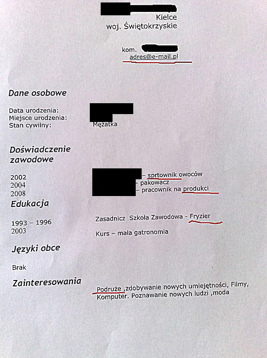 Skan papierowego CV z rubrykami: dane osobowe, doświadczenie zawodowe, edukacja, języki obce i zainteresowania; dane pozwalające zidentyfikować kandydatkę zamazane