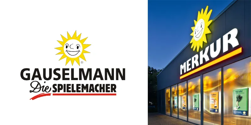 Logo grupy Gauselmann z uśmiechniętym słońcem i hasłem „Die Spielemacher” obok salonu gier Merkur z takim samym słońcem nad wejściem
