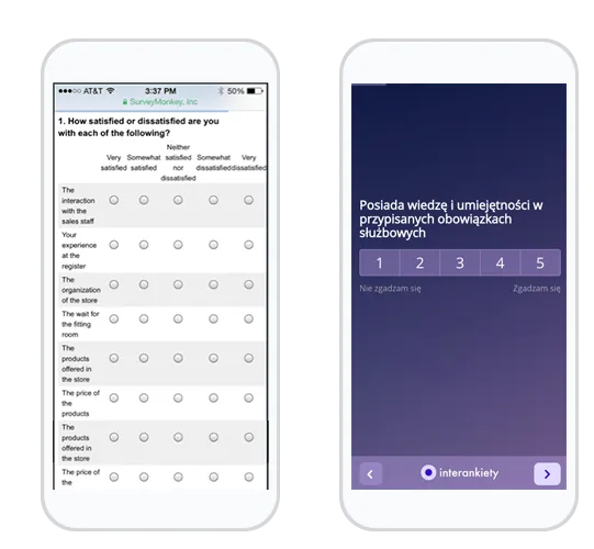 Dwa telefony obok siebie: po lewej ankieta SurveyMonkey z gęstą tabelą pytań i drobnymi przyciskami, po prawej ankieta Interankiet z jednym pytaniem i dużą skalą od 1 do 5