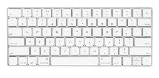 Biała klawiatura Apple Magic Keyboard w amerykańskim układzie ANSI, bez bloku numerycznego, z długim lewym Shiftem i poziomym Enterem