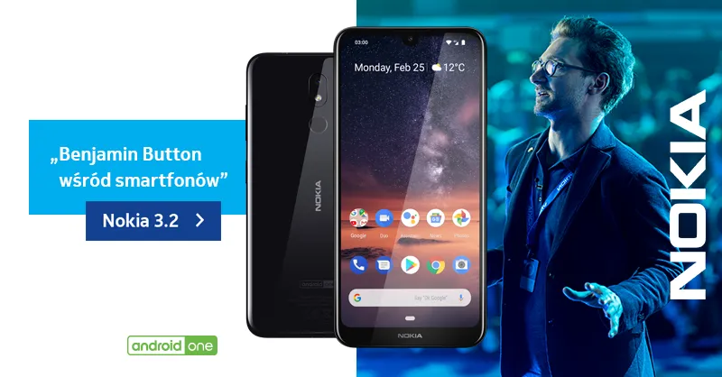 Reklama Nokii 3.2 z hasłem „Benjamin Button wśród smartfonów” i logo Android One